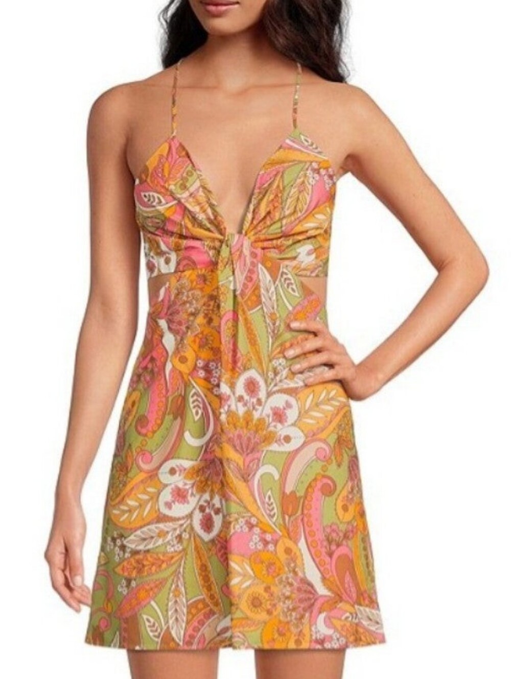 Nwt Gianni Bini 100% Cotton Mini Dress Groovy 60s Paisley Strappy Earthy Tones 2